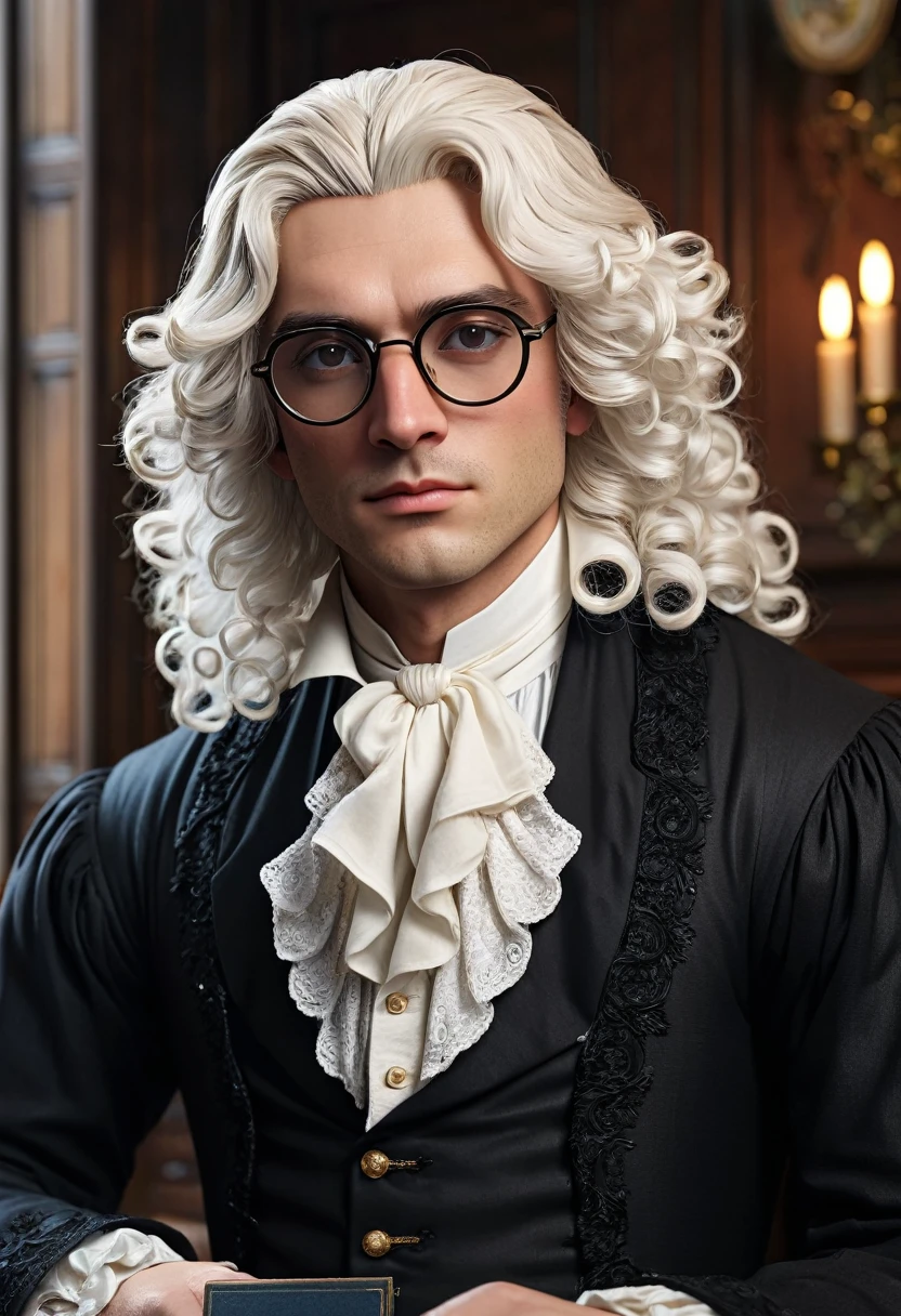 Cowboy si:1.5、Sophisticated male lawyer、Elegant 18th century English black court attire、Long white curly wig、Glasses、Gentle and sophisticated eyes、Beautiful and exquisite lips、Extremely detailed eyes and face、、Detailed Background、Luxurious interior、high quality、Real、Photorealistic、Photorealistic:1.37、(最high quality、4K、8k、High resolution、masterpiece:1.2)、Super fine、(Real、Photorealistic、Photorealistic:1.37)、Dramatic lighting、Dramatic Shadows、Cinematic composition、Chiaroscuro、Rich colors、Decorative details、perfection style