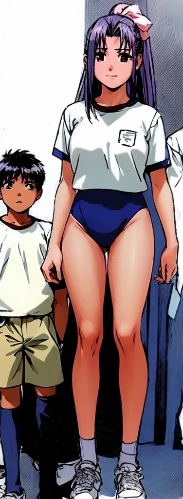 Momoko Koigakubo, a tall girl with beautiful legs, is standing with a smile on her face in a white gym uniform and light navy blue bloomers that look like panties.。A boy in a jersey is being held by Momoko Koigakubo。