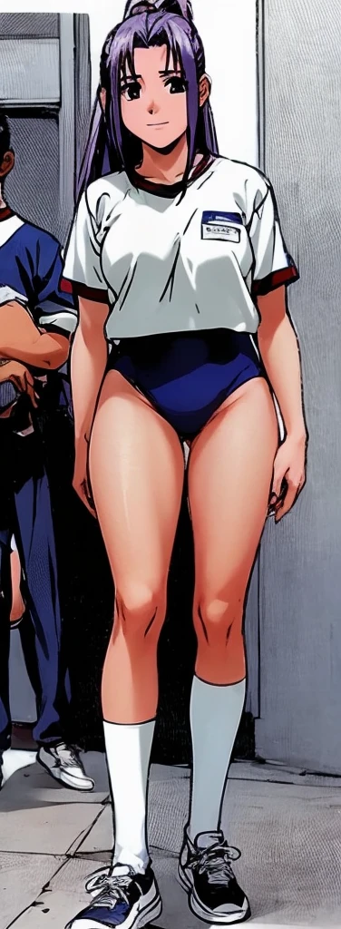 Momoko Koigakubo, a tall girl with beautiful legs, is standing with a smile on her face in a white gym uniform and light navy blue bloomers that look like panties.。A boy in a jersey is being held by Momoko Koigakubo。