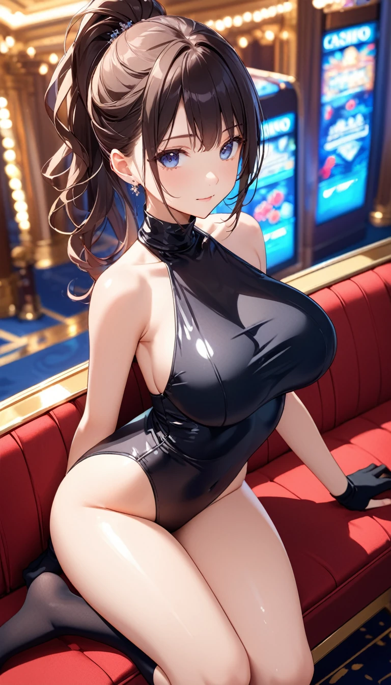高いquality illustration, masterpiece, Very delicate and beautiful, Attractive girl,(Shiny black swimsuit、turtleneck、Black knee socks、Black gloves),thin,Slender body,slim、casino、casinoの背景,Princess, Beautiful Eyes,A light smile,(masterpiece, Highest quality:1.2), High resolution, Very detailed CG ユニティ 8k 壁紙, Perfect lighting, colorful, 超High resolution,4K,Very detailed, photograph, 8k, High resolutionolution, Armpits Put your hands on your hips Big Breasts ponytail Spread your legs Shot from above