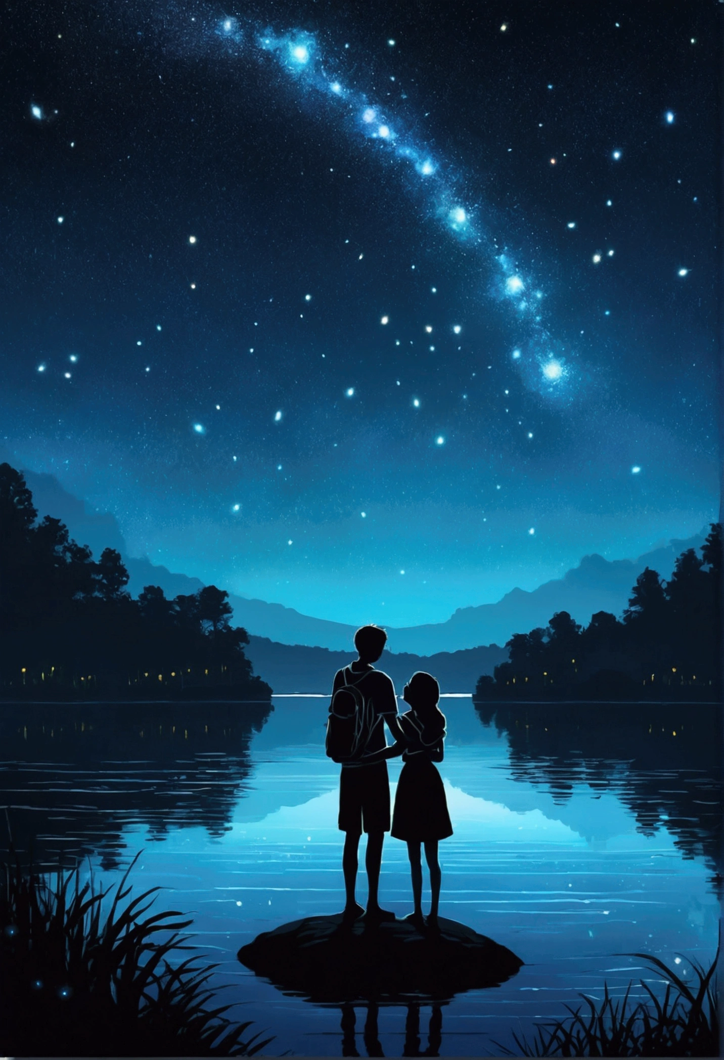 There are many fireflies on the lake at night、Young man and woman hugging each other、Dreamlike scenery,movie environment,Starry sky,Realistic style