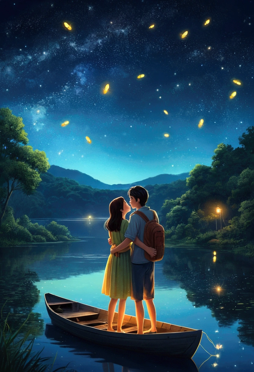There are many fireflies on the lake at night、Young man and woman hugging each other、Dreamlike scenery,movie environment,Starry sky,Realistic style