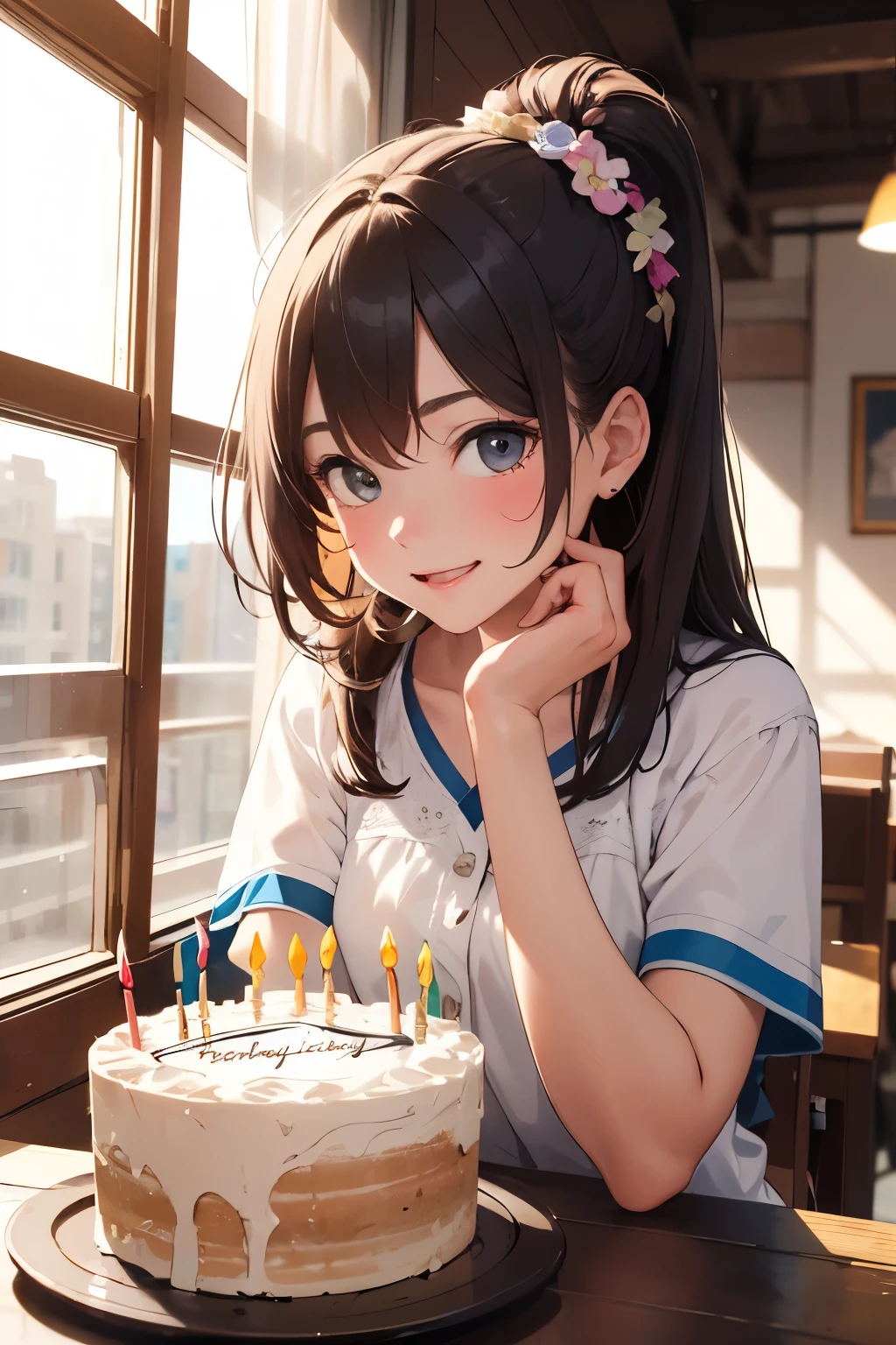 ((best quality)), ((masterpiece)), (detailed), 1girl 14 years old feels so happy becaouse today is her birthday