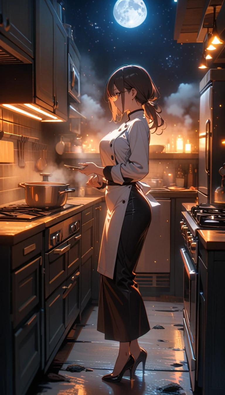 ((best quality)) , ((masterpiece)) , (detailed)，1 female，((moon)), starry sky, (lighting particle), fog, snow,(bloom)，((kitchen))，Female chef，High heel，((whole body))