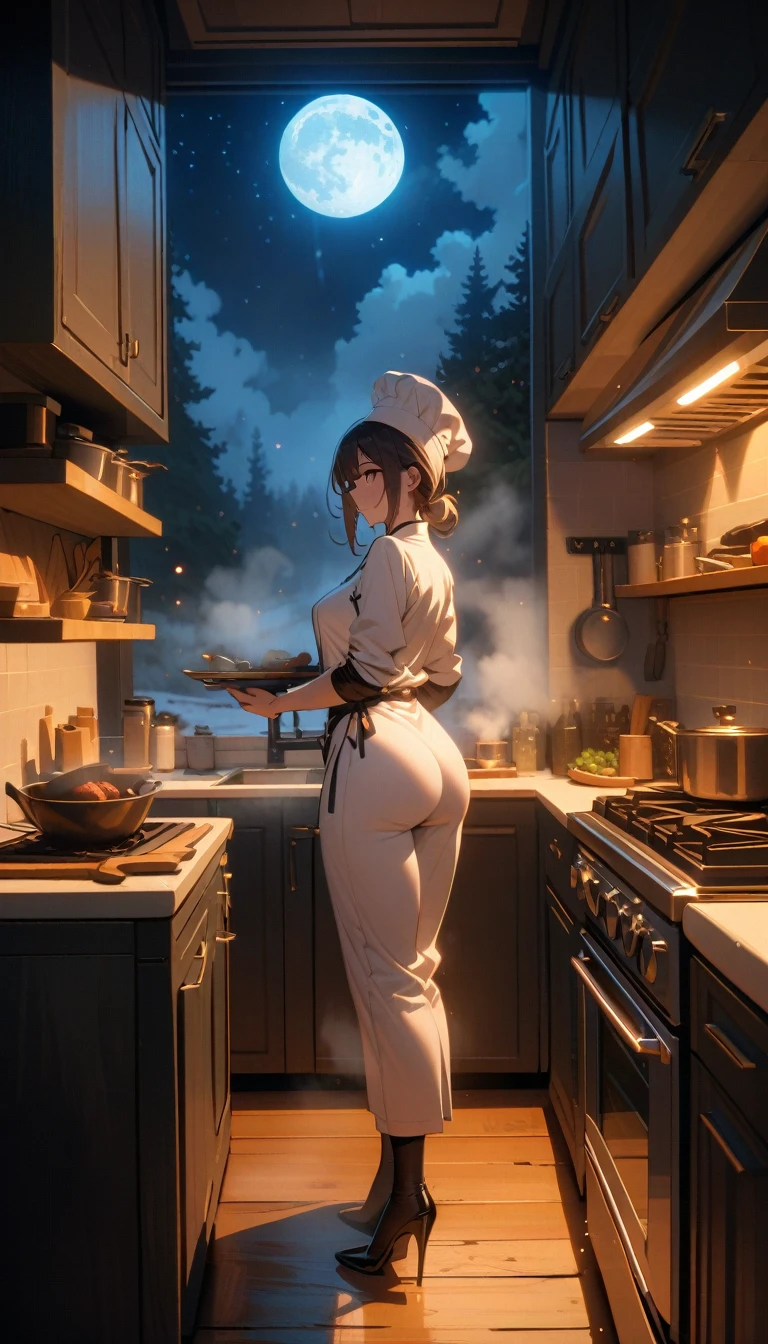 ((best quality)) , ((masterpiece)) , (detailed),1 female,((moon)), starry sky, (lighting particle), fog, snow,(bloom),((kitchen)),Female chef,High heel,((whole body))