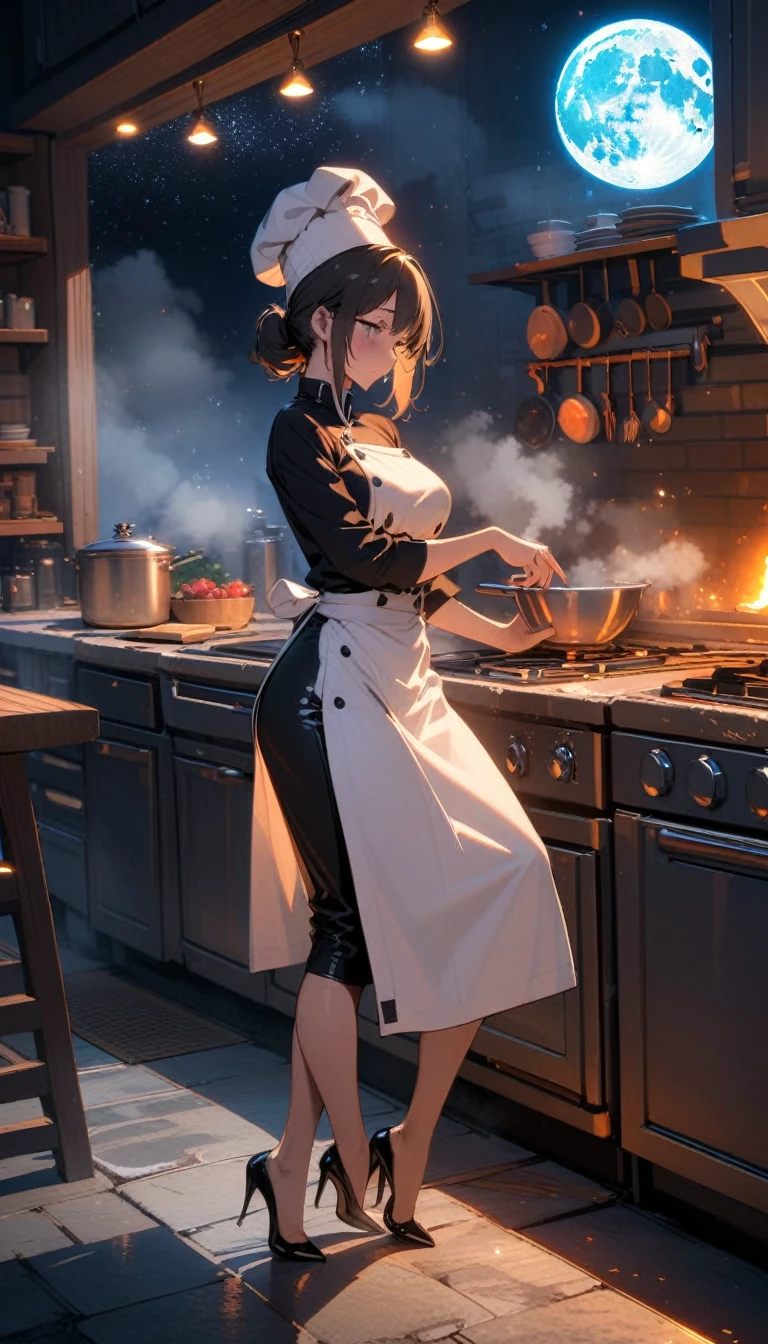 ((best quality)) , ((masterpiece)) , (detailed),1 female,((moon)), starry sky, (lighting particle), fog, snow,(bloom),((kitchen)),Female chef,High heel,((whole body))