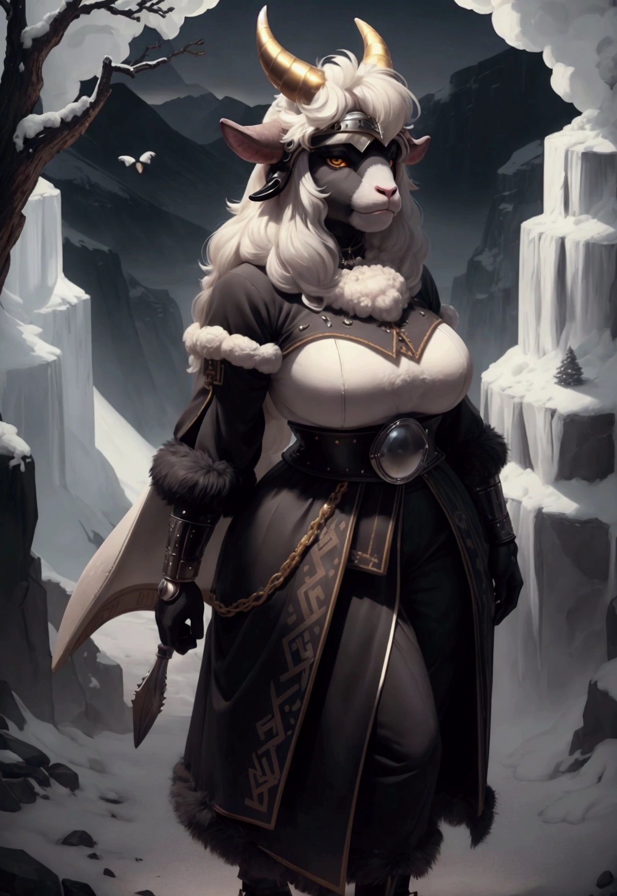 Hairy lamb, Hairy, (( sheep face:1,2)) "Black face", anthropomorphic, hairy goat, Yellow eyes, white eyelashes, Black fur, (( Man:1,2 )) Black nose, Long horns and round, straight white hair, spiky hairstyle, ((excessive waist-length hair 1,2)), full body, detailed body with fur, ((Male:2,2)) detailed body, detailed eyes, shiny body, body bright, magnificent body, ((Sheep face))masterpiece, ((Viking but discreet helmet:1,2)), burly body, score_9, Score_8_up, Score_7_up, source_cartoon, source_furry, bright yellows, from above, motion blur, panoramic view, Nordic clothing. fur coat with white fur trim, ((Nordic clothing:2,2)) sheep eyes, white eyelashes, white eyelashes, sheep eyes, long black horns. burly ((Dark landscape:2,2)) long and huge horns, large horns,((detailed landscape:1,2))