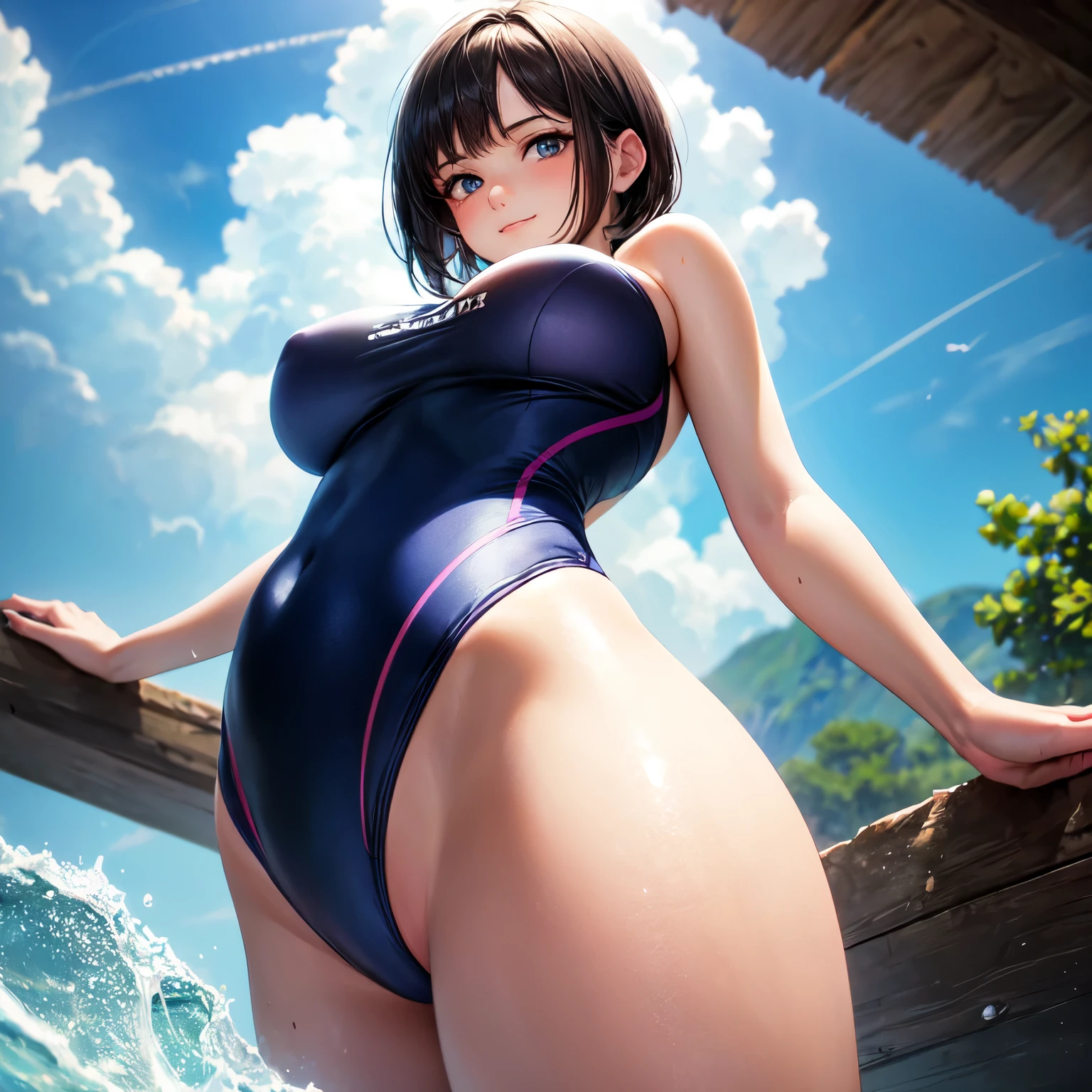 (4K,masterpiece,best quality,ultra detailed,high resolution),(daylight,bloom,lighting forward),((solo)),looking viewer,(beautiful girl),(age),(black hair),(beautiful detailed face,beautiful detailed eyes),(finely detailed skin,fair skin),slender,light smile,shy,(one piece competition swimsuits),(on the besutiful lake side,beautiful sky),(arms behind back),(cowboy shot,from below),big breast,