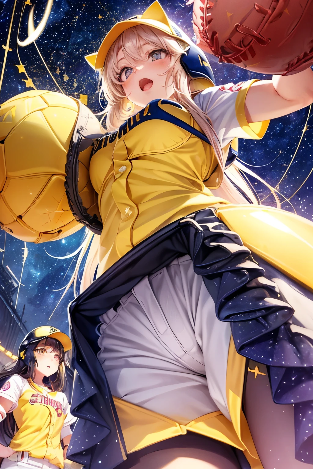 Three Girls, Long Hair, High resolution, Blushing, Open your mouth, Animal ears, Cat ear, Pink eyes, (Baseball uniform:1.3), (Yellow helmet:1.3),(Hold ball:1.3),
(Starry Sky:1.6),Masterpiece, (From below:1.4)