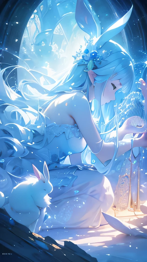 a white rabbit, a harp next to the rabbit, beautiful detailed eyes, beautiful detailed face, detailed fur, soft lighting, dreamy, serene, peaceful, fantasy, ethereal, whimsical, magical realism, cinematic, 8k, high resolution, photorealistic, detailed description, masterpiece, vibrant colors, dynamic composition