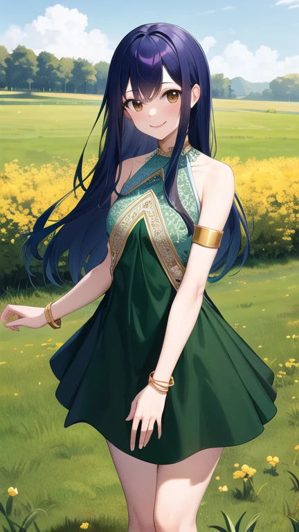 masterpiece, best quality, highres, aawendy, long hair, bare shoulders, green dress, sleeveless dress, armlet, bracelet, standing, cowboy shot, smile, field