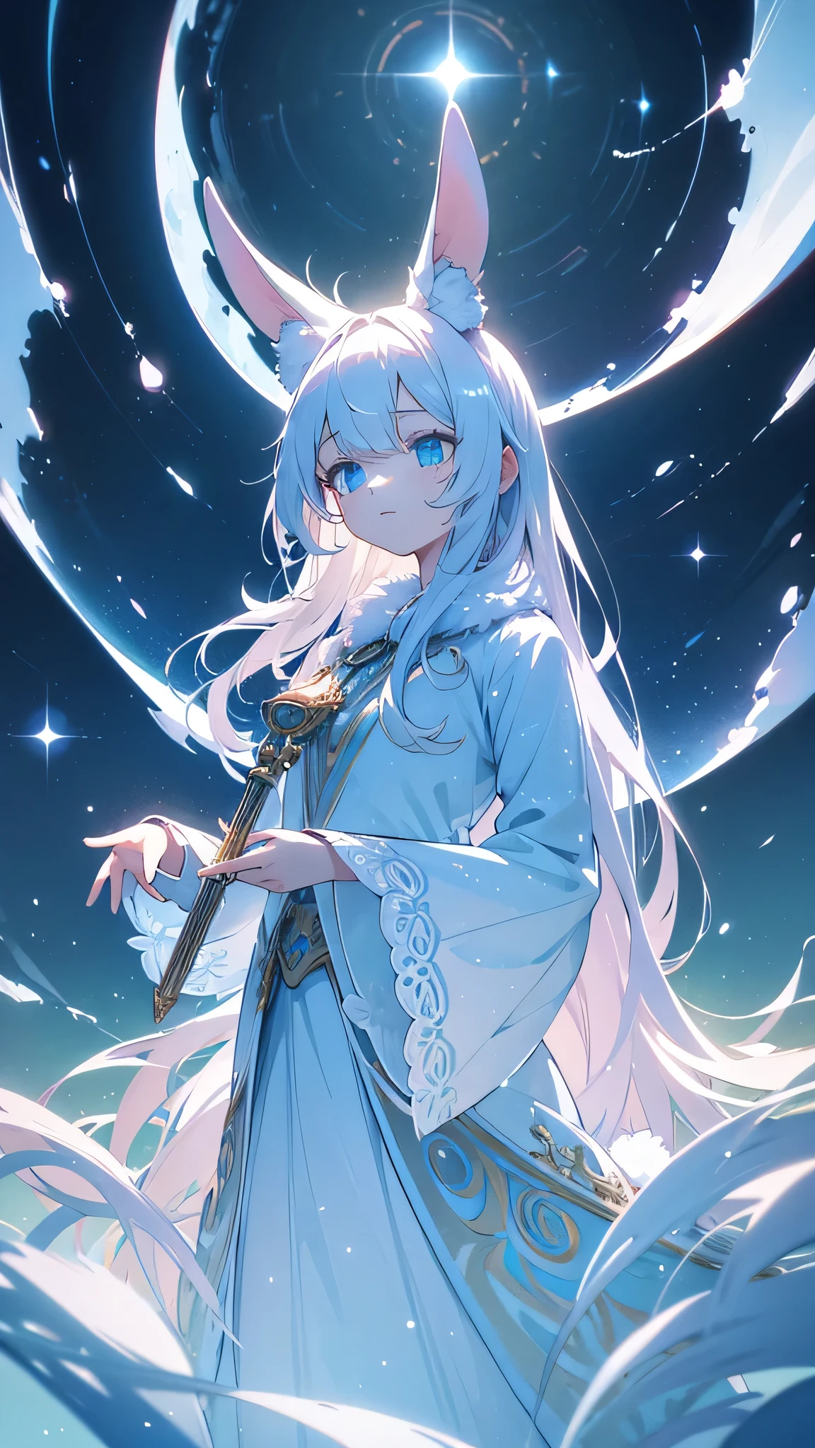 a white rabbit, a harp next to the rabbit, beautiful detailed eyes, beautiful detailed face, detailed fur, soft lighting, dreamy, serene, peaceful, fantasy, ethereal, whimsical, magical realism, cinematic, 8k, high resolution, photorealistic, detailed description, masterpiece, vibrant colors, dynamic composition,a very cute and beautiful chibi anime girl, simple flat background, full body, standing, highly detailed face and eyes, clearly outlined, solo
