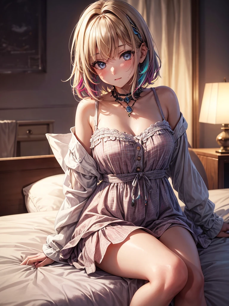 A beautiful detailed portrait of a young girl with a messy hairstyle, short multicolor hair, and wearing stylish e-girl clothes in a cozy room at night. She is sitting alone on her bed, blushing and looking at the camera with a playful, gamer girl expression. The image is masterfully composed with cinematic lighting, ambient occlusion, and extremely high resolution up to 8K, resulting in a soft, smooth, and highly detailed anime-styled portrait with perfect facial features. The overall tone is very sexy and alluring, with a random low angle view accentuating her figure, with sexy clouth.