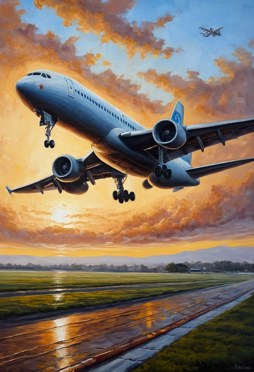 Oil painting of airplane taking off