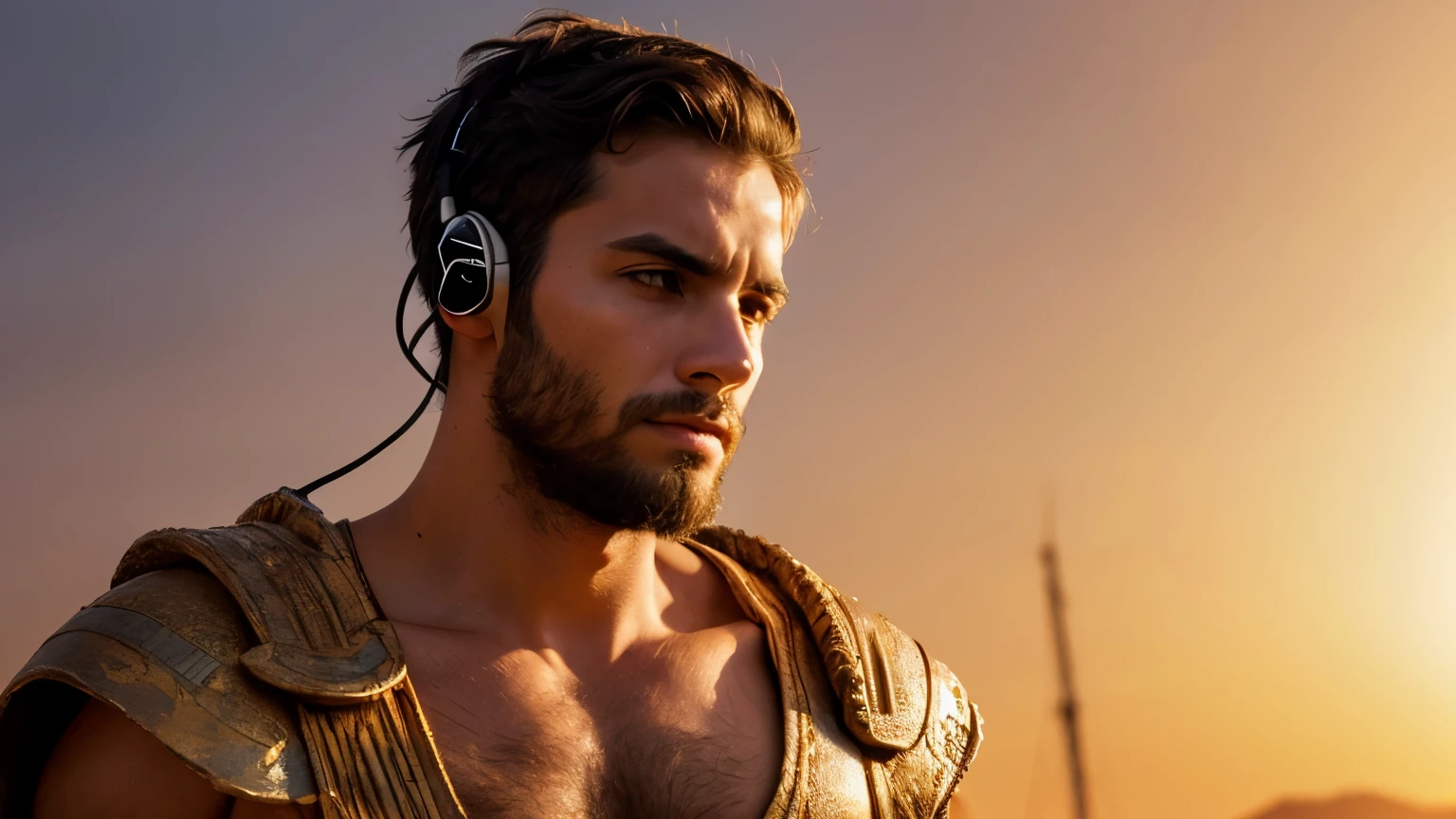 man of ancient Greece, using headphones, the front,background warm colors