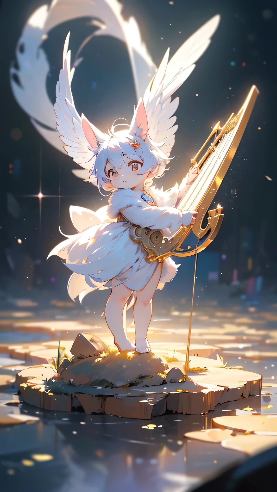 a white rabbit playing a harp, extremely detailed fur, intricate detailed harp, ethereal, glowing, soft lighting, serene, peaceful, fantasy, (best quality,8k,highres,masterpiece:1.2),ultra-detailed,(realistic,photorealistic,photo-realistic:1.37),HDR,UHD,studio lighting,ultra-fine painting,sharp focus,physically-based rendering,extreme detail description,professional,vivid colors,bokeh,a very cute and beautiful chibi anime girl, simple flat background, full body, standing, highly detailed face and eyes, clearly outlined, solo