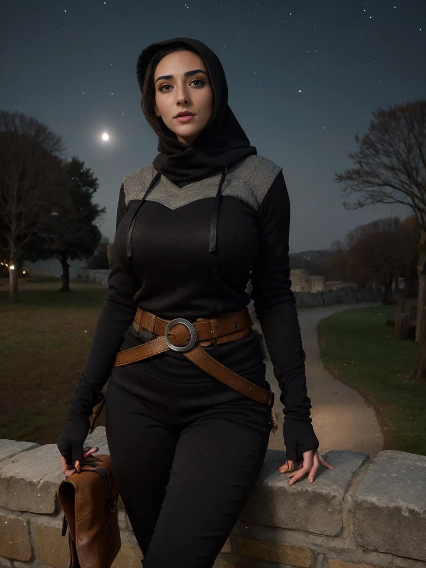 Gorgeous and sultry busty athletic (thin) brunette assassin with sharp facial features wearing a wide hood, black medieval tunic, long sleeves, skirts, trousers, boots, fingerless gloves, crown, modest attire, utility belt, (arm wraps), Middle Ages, castle, rampart, wall, exterior, on top of a castle wall, trees, countryside, nighttime, moonlight.