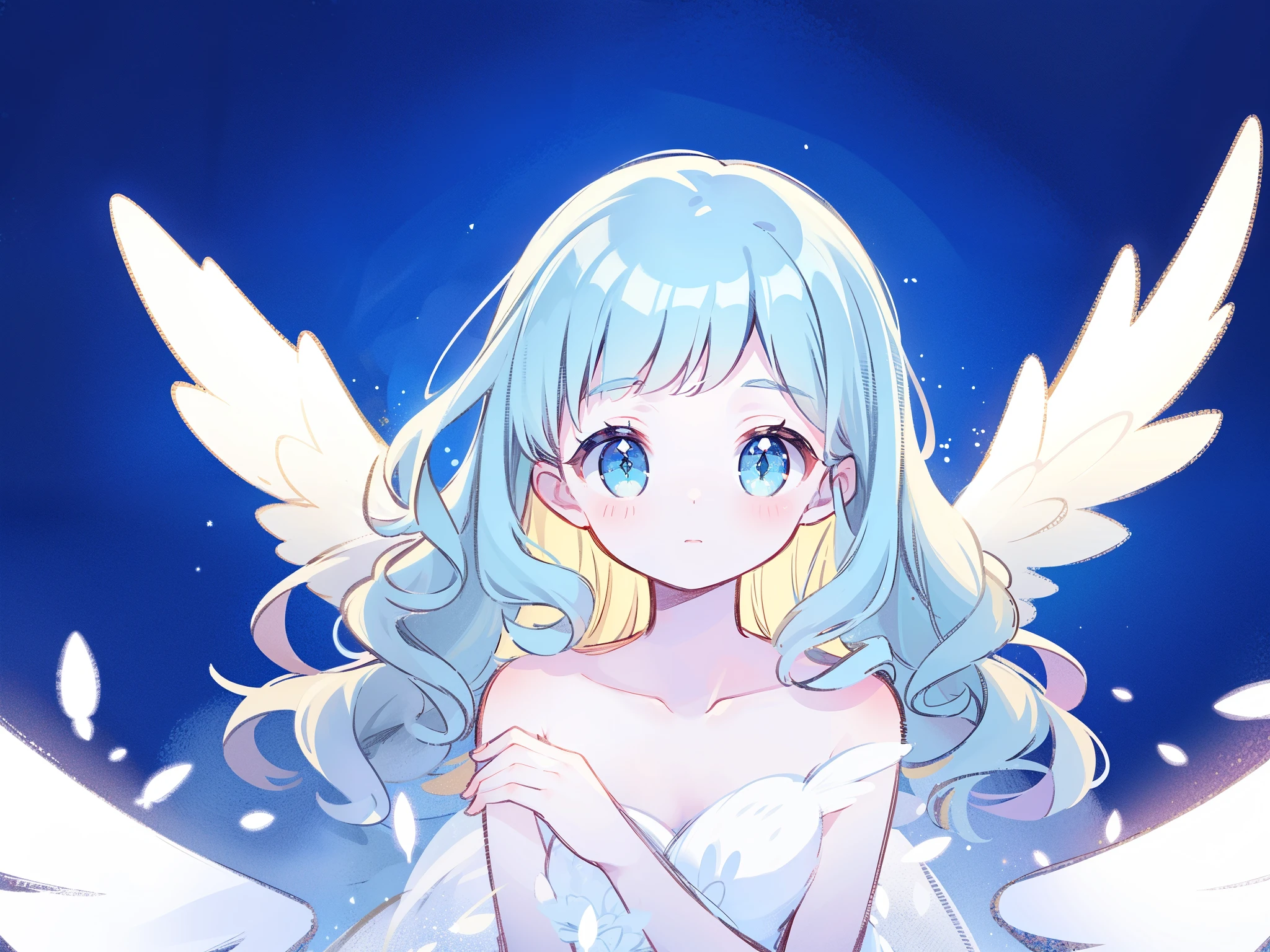 nude angel girl wearing an ethereal translucent dress, pale skin, ((blue mint wavy hair)), white feathers, angel wings, sparkling detailed eyes, golden ratio face, perfect composition, highly detailed, ethereal, (starry night sky background), midjourney style