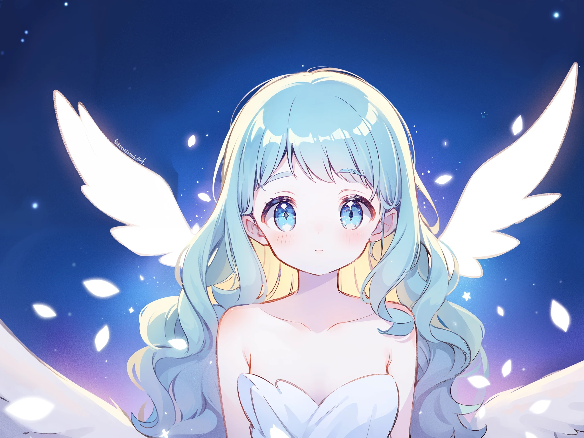 nude angel girl wearing an ethereal translucent dress, pale skin, ((blue mint wavy hair)), white feathers, angel wings, sparkling detailed eyes, golden ratio face, perfect composition, highly detailed, ethereal, (starry night sky background), midjourney style