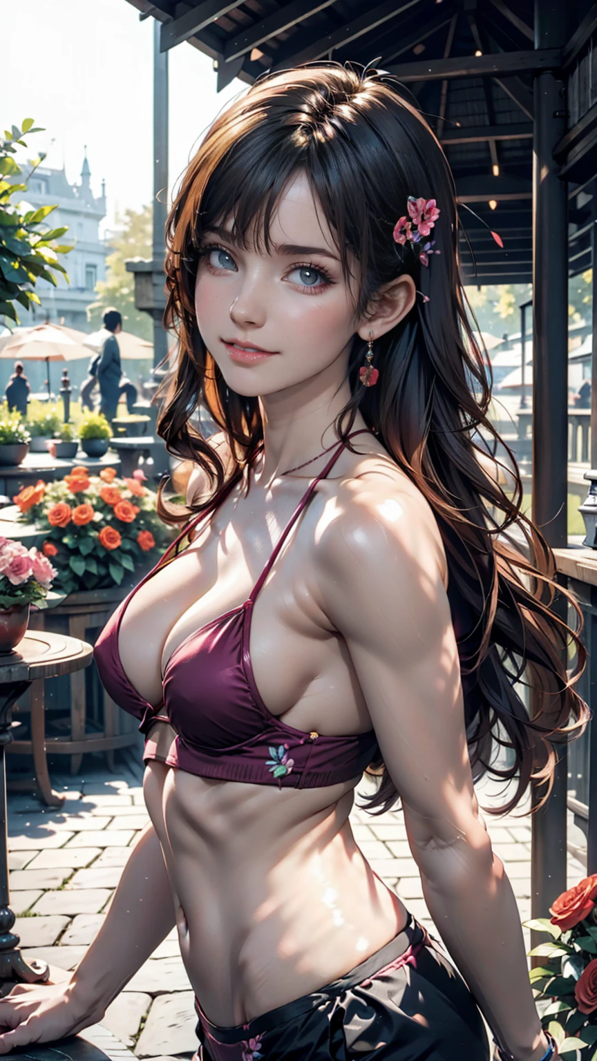 A gorgeous garden party、A woman in a micro bikini is smiling with colorful flowers in the background。