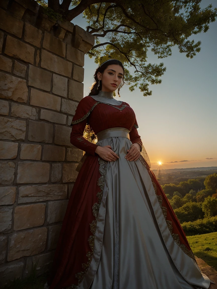 Gorgeous and sultry busty athletic (thin) brunette queen with sharp facial features wearing a modest updo, dark red medieval dress, long sleeves, intricate patterns, scrollwork, wide neck, crown, veil, long dress, modest dress, tight bodice, silver belt, (waist chain), medieval jewelry, Middle Ages, castle, rampart, wall, exterior, on top of a castle wall, trees, countryside, evening, sunset.