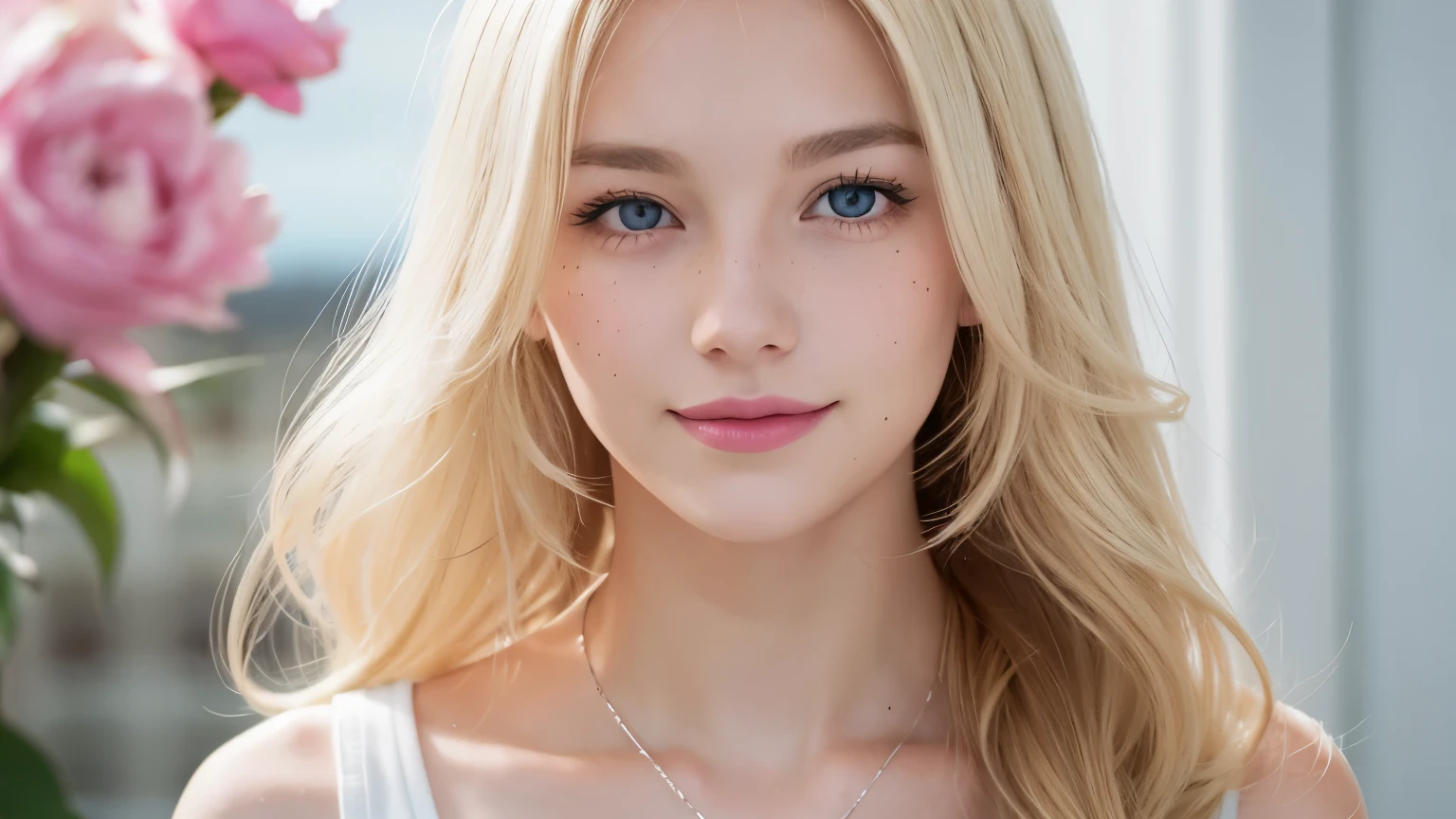 white back ground, only one person, looks happy, Light blonde hair, Wavy blonde hair, Wavy blonde hair, With small fringe, black eye, Upturned and beautiful nose, Thick lips, Cupid with heart shaped lips.., Pink Lips, pale, White skin, Nice and soft skin, I have freckles and moles, Beautiful eyebrows, Exceptionally beautiful collarbones, He is wearing a polo shirt, dark red, With women's underwear, slim and beautiful stomach, Bare neckline, (Large Breasts, Soft Breasts, Natural Breasts, Bare neckline), Looking at the camera, Auto Photo,The chest is visible,Upper body composition