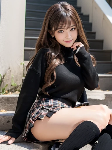 (Highest quality, 8k, 32K, masterpiece, Ultra-high resolution: 1.3), Attractive Japanese women photos, One Girl, Perfect body, Ultra detailed face, Detailed lips, Beautiful Eyes, Fashion Model, thin, Japanese Idols, Brown Hair, stylish, Realistic, Realistic:1.3, Beautiful Face, light Brown Hair, Asymmetrical bangs, (Grin), (Black tops:1.2), ((Mini Check Skirt, Black knee-high socks:1.2)), (stage),