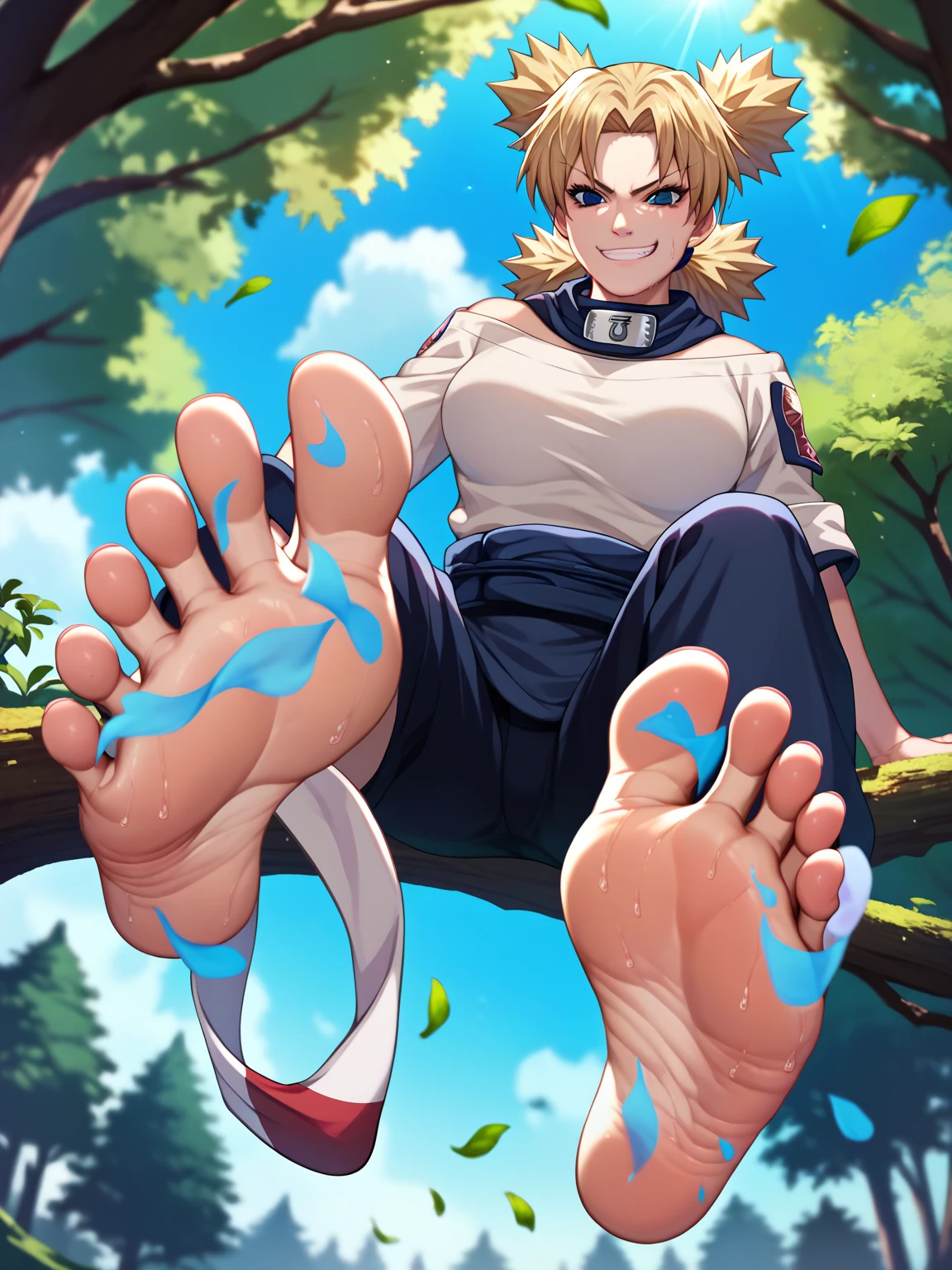 Fraction_9, Fraction_8_Direction_7_up, Temari showing her stinky feet in the forest low angle，Detailed background，There are many trees behind，Sky，barefoot，Sweating on the soles of the feet，Big breasts(d)，Smirk，masterpiece,Temari Woman,,Ninja,Correct anatomy，2d，Anime style