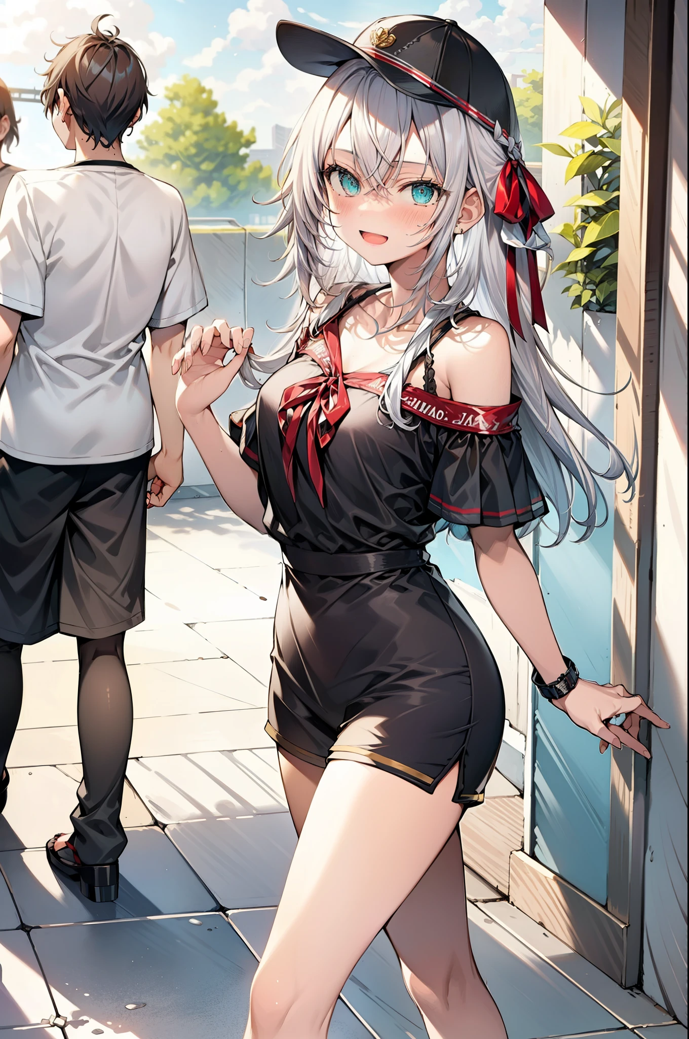Alisa Mikhailovna Kujo,One Girl,Hair between the eyes, Aqua Eye, Gray Hair, Long Hair, ribbon, hair ribbon, Oversized one-shoulder shirt,Short sleeve,Shorts,Heeled Sandals,Baseball hats,walk,happy smile, smile, Open your mouth,whole bodyがイラストに入るように,Daytime,Clear skies,
break outdoors, Building district,
break looking at viewer, whole body,
break (masterpiece:1.2), Highest quality, High resolution, unity 8k wallpaper, (figure:0.8), (Beautiful attention to detail:1.6), Highly detailed face, Perfect lighting, Highly detailed CG, (Perfect hands, Perfect Anatomy),