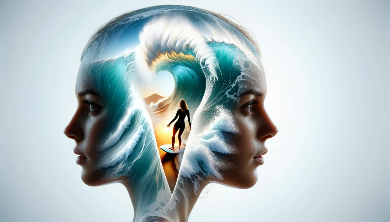 dvr-wwyt, a woman, [ice cream : a woman surfing a giant ocean wave: 12] , double exposure