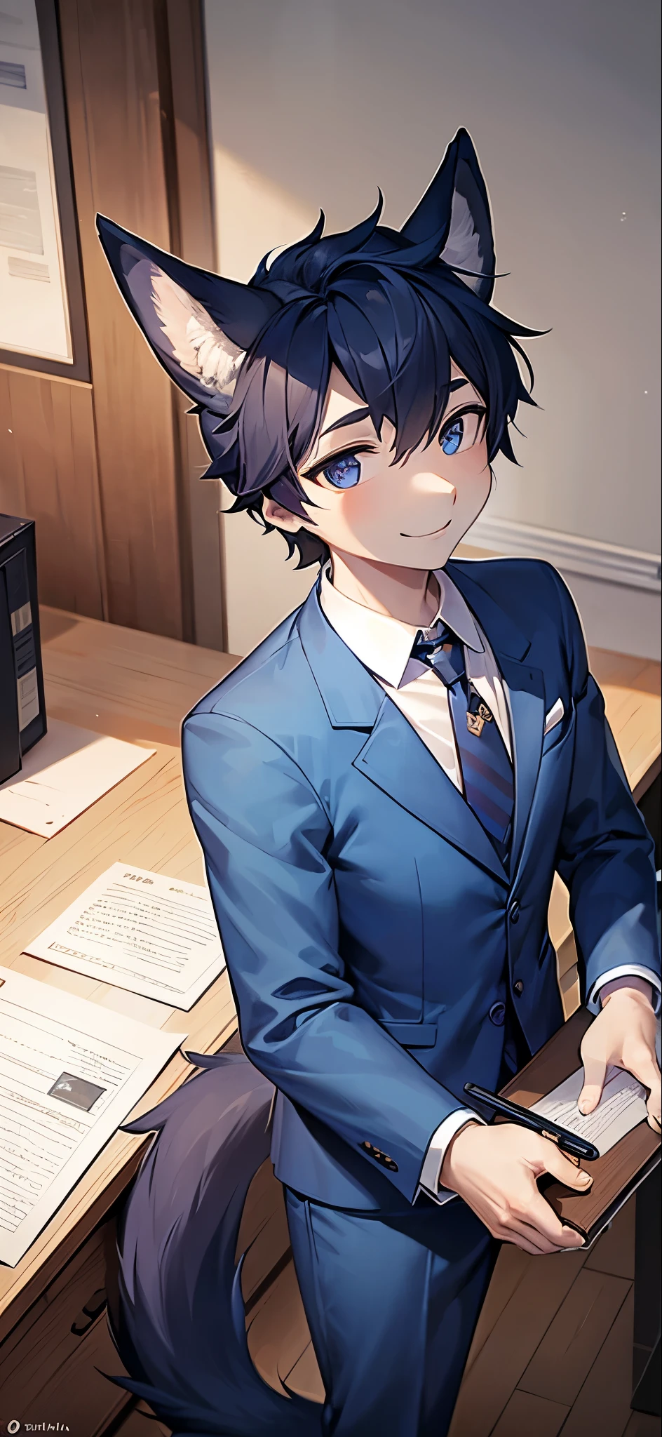 A consul man wearing blue clothes with dog-like features. The man maintains a polite and formal posture, smiling warmly. He is dressed in a traditional consul outfit with a blue suit and tie. His ears are slightly large and droop like a dog's, and his eyes have a friendly and kind expression. A dog's tail can be seen peeking out from behind his suit. The background is a simple office setting, with documents and pens around him.
