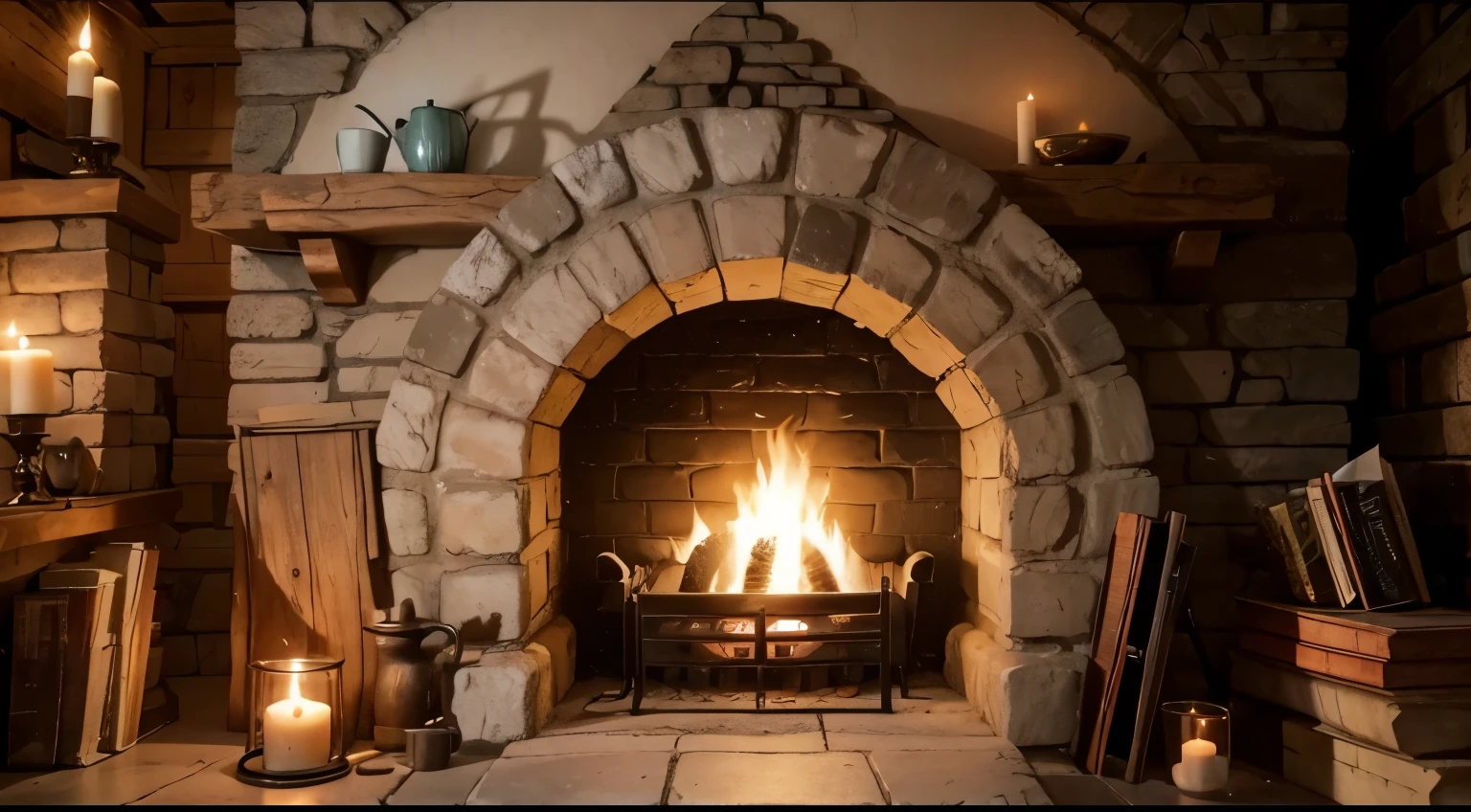 a magical hobbit fireplace, round hole, brick work, full of hobbit objects, magic ambient, cozy, incredible, 3d ambient, cup of tea, books, candles, hobbit middle-earth, the shire
