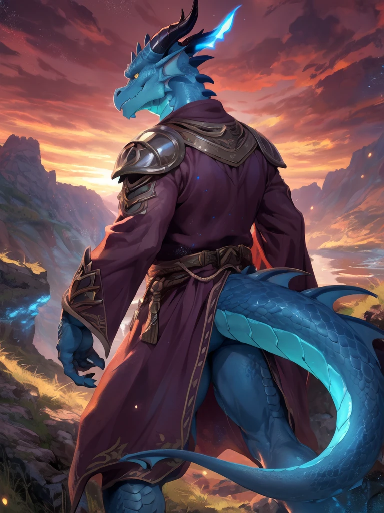 solo, male, mature male, (male anthro dragon:1.3), (blue body:1.1), (standing:1.3), (kemono:1.2), (sunset:1.23), armor, (robe), (looking back:1.2), raised head, (rear view), landscapes, cliff, dawn, horizon, detailed eyes, portrait, dragon tail, horn, (detailed eyes), (outside:1.35), grass, hill, (cloud), (particles ,firefly, blue glowing:1.3), detailed background, 8k hd, (dark shadows, wide dynamic range, hdr, low light:1.2), by Pino Daeni, barazoku, [by dagasi, by zixiong], cygames, by null-ghost, (scenery)