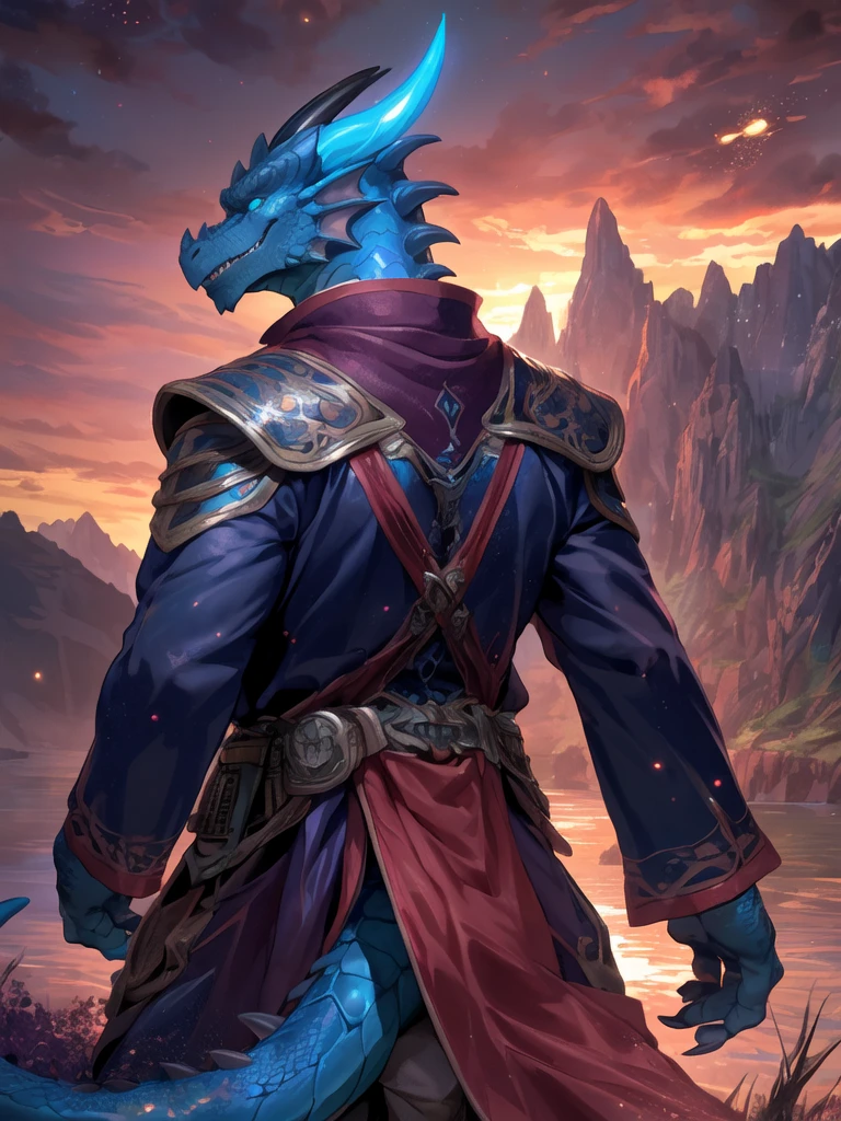 solo, male, mature male, (male anthro dragon:1.3), (blue body:1.1), (standing:1.3), (kemono:1.2), (sunset:1.23), armor, (robe), (looking back:1.2), raised head, (rear view), landscapes, cliff, dawn, horizon, detailed eyes, portrait, dragon tail, horn, (detailed eyes), (outside:1.35), grass, hill, (cloud), (particles ,firefly, blue glowing:1.3), detailed background, 8k hd, (dark shadows, wide dynamic range, hdr, low light:1.2), by Pino Daeni, barazoku, [by dagasi, by zixiong], cygames, by null-ghost, (scenery)