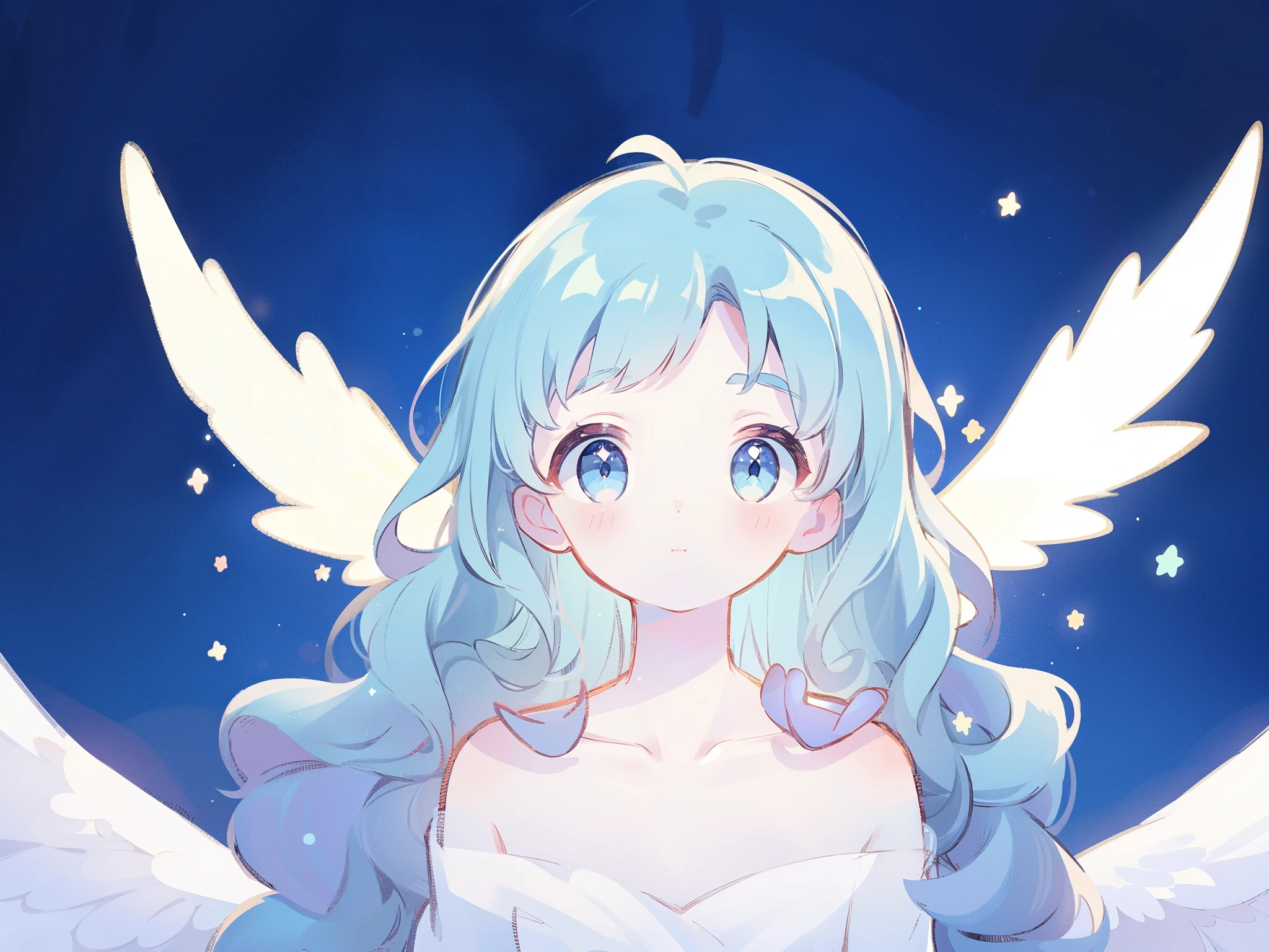 angel girl wearing an ethereal translucent dress, pale skin, ((blue mint wavy hair)), white feathers, angel wings, sparkling detailed eyes, golden ratio face, perfect composition, highly detailed, ethereal, (starry night sky background), midjourney style