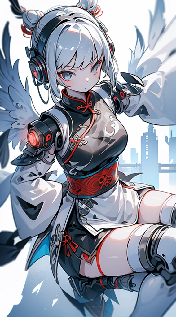 Cyberpunk style,Crane Girl,Crane element,Black and white elements,White long hair,White hair,Feather element,feather-adorned,Crane wings,White Wings,White wings,Wings Clothes,Wings Clothes,Chinese style,Chinese style,Chinese style,Cyberpunk style,cheongsam,黑白cheongsam,Fighting posture,Combat stance,Boxing Stance,Boxing Stance,羽毛cheongsam,cheongsam下摆,白色cheongsam,White hair,White long hair,Bun head,Ball head,Black hair band,Sci-fi style decoration,Close-up above the waist,City background,Street background,Cyberpunk duct background