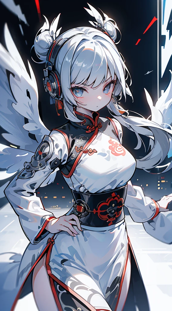 Cyberpunk style，Crane Girl，Crane element，Black and white elements，White long hair，White hair，Feather element，feather-adorned，Crane wings，White Wings，White wings，Wings Clothes，Wings Clothes，Chinese style，Chinese style，Chinese style，Cyberpunk style，cheongsam，黑白cheongsam，Fighting posture，Combat stance，Boxing Stance，Boxing Stance，羽毛cheongsam，cheongsam下摆，白色cheongsam，White hair，White long hair，Bun head，Ball head，Black hair band，Sci-fi style decoration，Close-up above the waist，City background，Street background，Cyberpunk duct background
