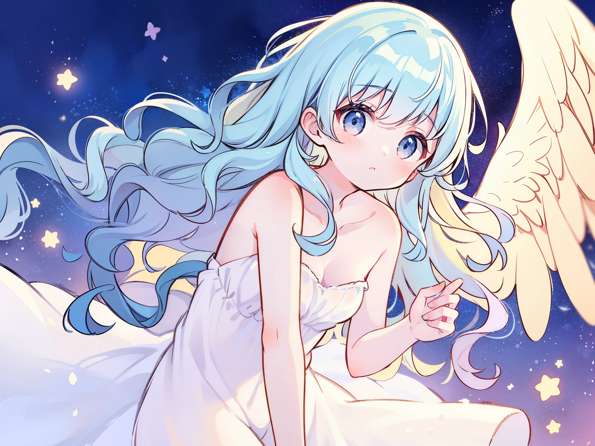 nude angel girl wearing an ethereal translucent dress, pale skin, ((blue mint wavy hair)), white feathers, angel wings, perfect composition, highly detailed, ethereal, (starry night sky background), midjourney style
