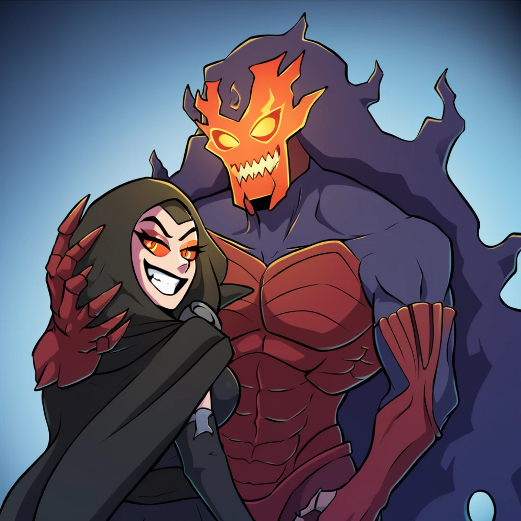 Daughter of darkness, mulher em volta de sombras, A monster behindgripping wide hipe, with twisted smile on his long sinister face, wears a jarring expression of lunacy, hers a look
