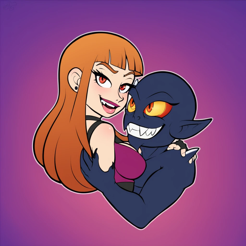 Daughter of darkness, mulher em volta de sombras, A monster behindgripping wide hipe, with twisted smile on his long sinister face, wears a jarring expression of lunacy, hers a look