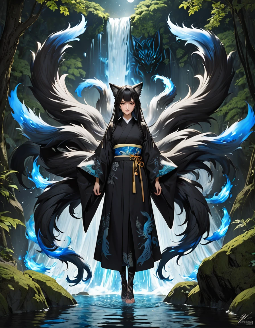 ((full body shot at distance)) , (((1girl))), (realistic fox-girl with black hair and nine tails surrounded by motes of blue fire, looking at a waterfall) , (nine tails with black fur:2.0 ) , (image centered on subject, with her tails spread, tails are between subject and viewer:1.5), ((pov, from behind)), ((waterfall)), moon , (anatomical perfect), (beautiful human face, high cheekbones, green eyes fox ears) , (very detailed ankle length kimono with a loose fit:1.5 ) , inspired by Sugimura Jihei, delicate and fine, (tentacles:fox tails:0.5), white form, inspired by Sōami, jormungand, mystical creatures, realistic, ultra detailed, dynamic pose, moonlit night detailed forest background, vegetation in the foreground