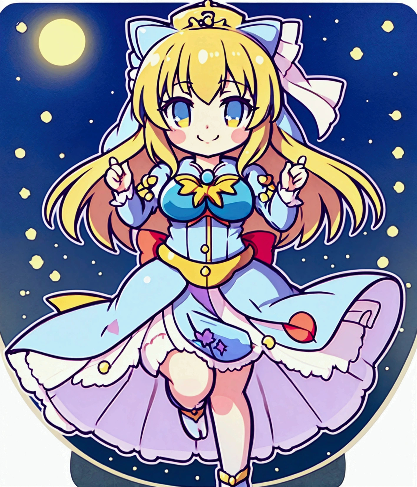 anime girl with blonde hair and blue dress standing  on floor,  in dress, , anime goddess, cute anime waifu in a nice dress, artoria pendragon, rei hiroe, anime moe artstyle, anime best girl, [[[[grinning evily]]]], from touhou, Shirabii, Anime princess,Little,Stickers,Highest quality,masterpiece,High resolution,