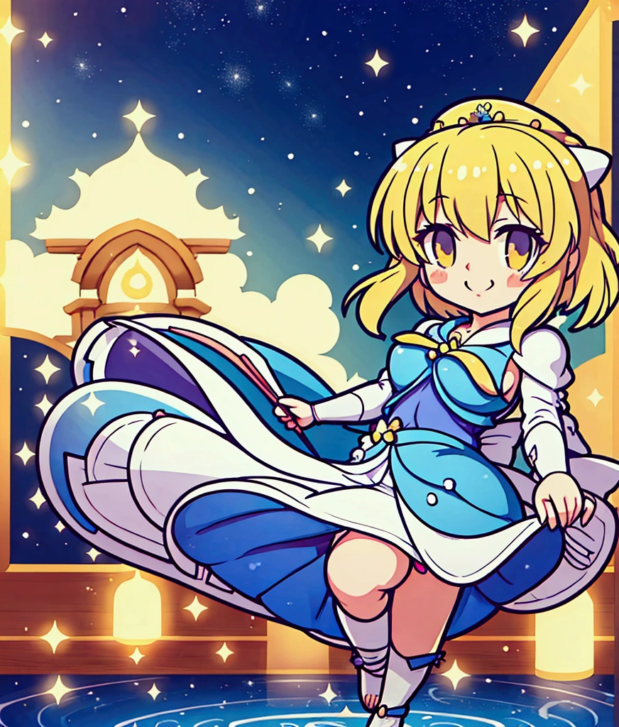 anime girl with blonde hair and blue dress standing  on floor,  in dress, , anime goddess, cute anime waifu in a nice dress, artoria pendragon, rei hiroe, anime moe artstyle, anime best girl, [[[[grinning evily]]]], from touhou, Shirabii, Anime princess,Little,Stickers,Highest quality,masterpiece,High resolution,