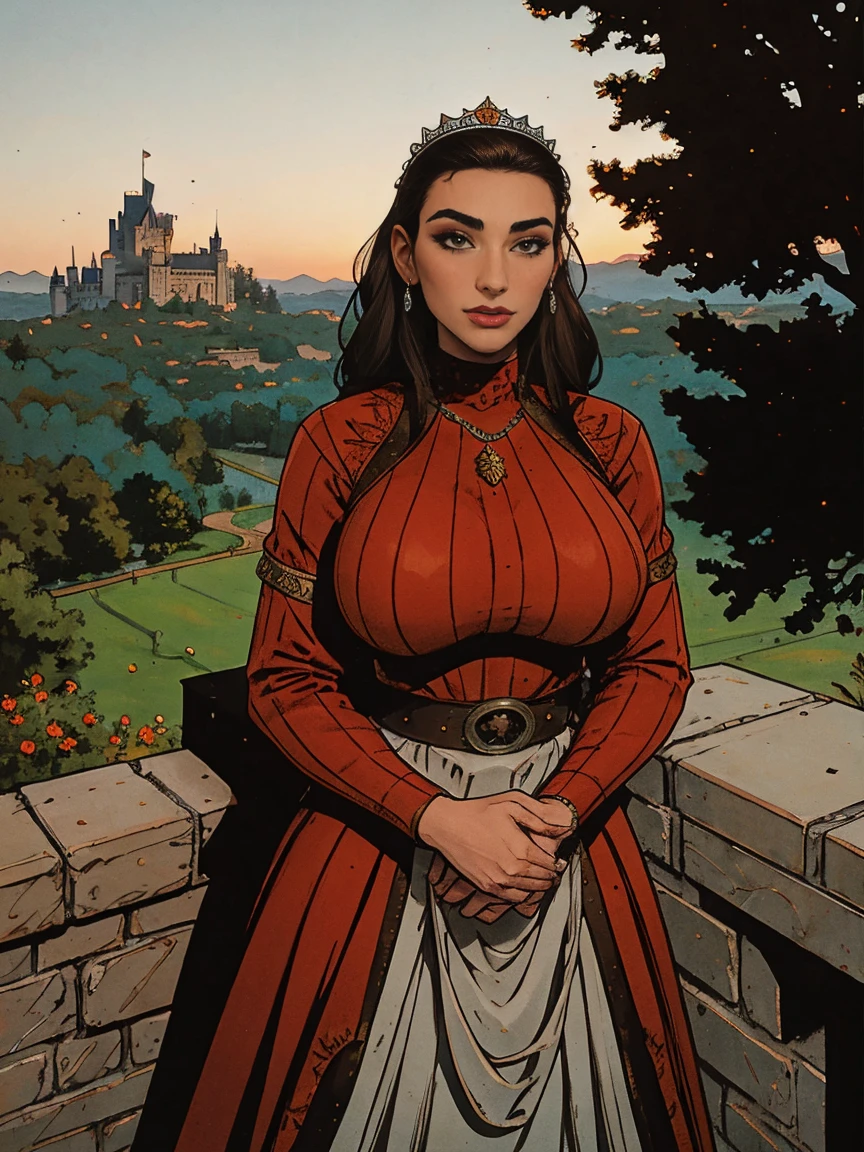 Gorgeous and sultry busty athletic (thin) brunette queen with sharp facial features wearing a modest updo, dark red medieval dress, long sleeves, intricate patterns, scrollwork, wide neck, crown, veil, long dress, modest dress, tight bodice, silver belt, (waist chain), medieval jewelry, Middle Ages, castle, rampart, wall, exterior, on top of a castle wall, trees, countryside, evening, sunset.