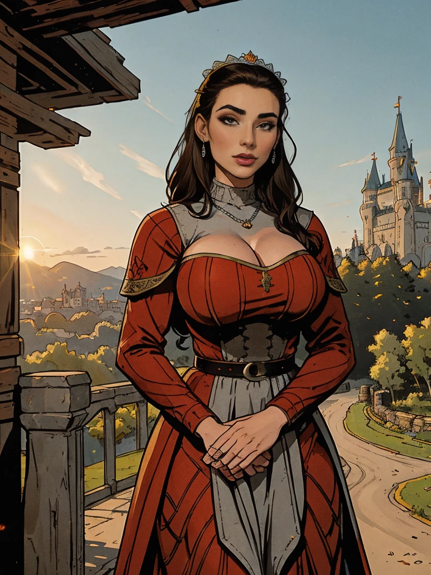 Gorgeous and sultry busty athletic (thin) brunette queen with sharp facial features wearing a modest updo, dark red medieval dress, long sleeves, intricate patterns, scrollwork, wide neck, crown, veil, long dress, modest dress, tight bodice, (silver waist chain), medieval jewelry, Middle Ages, castle, rampart, wall, exterior, on top of a castle wall, trees, countryside, evening, sunset.