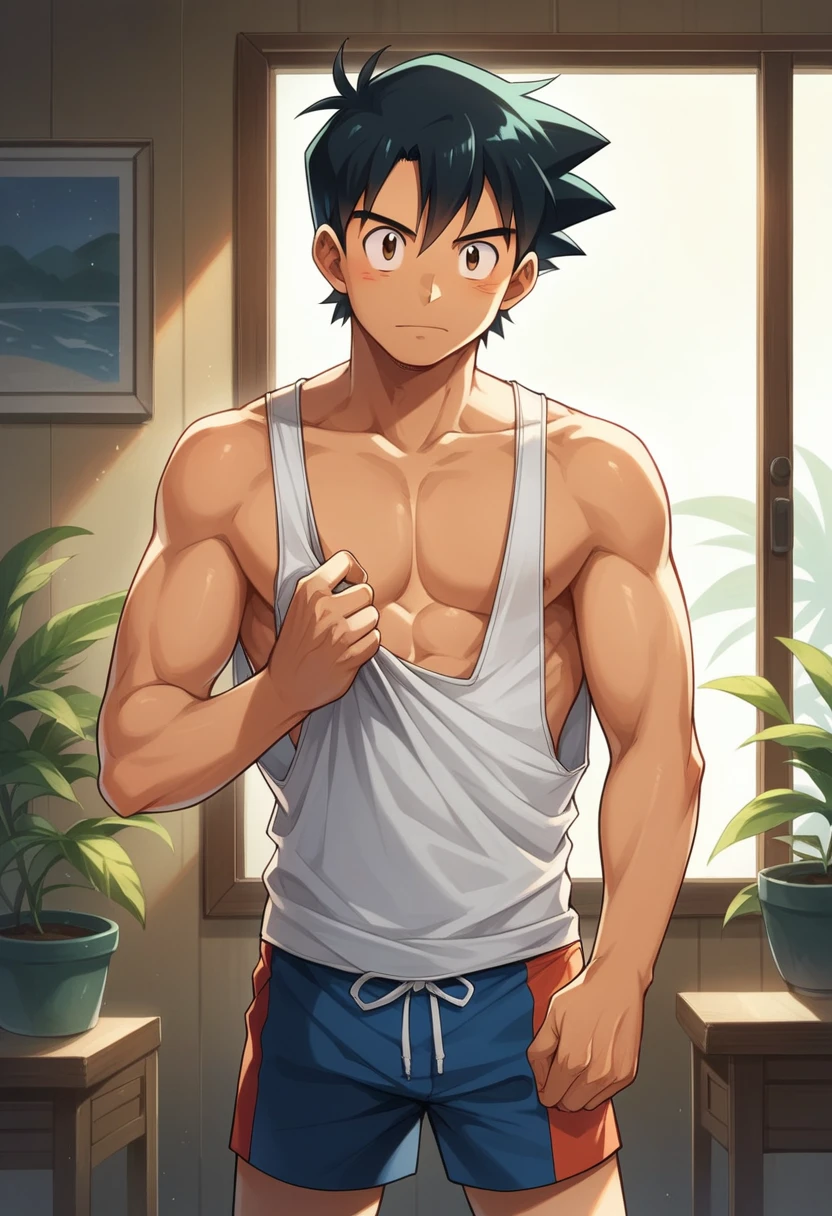 1boy, 1solo, ash ketchum, black hair, brown eyes, hair between eyes, ash ketchum, inside a beach house, room, at night, tank top, shirtless, shorts, handsome boy, macho, good looking boy, sexy poses, lifting his tank top, undressing