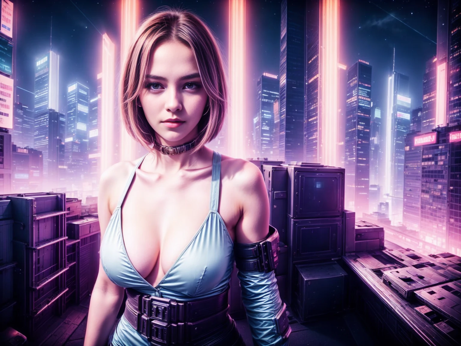 A beautiful European girl, on the roof of cyberpunk building