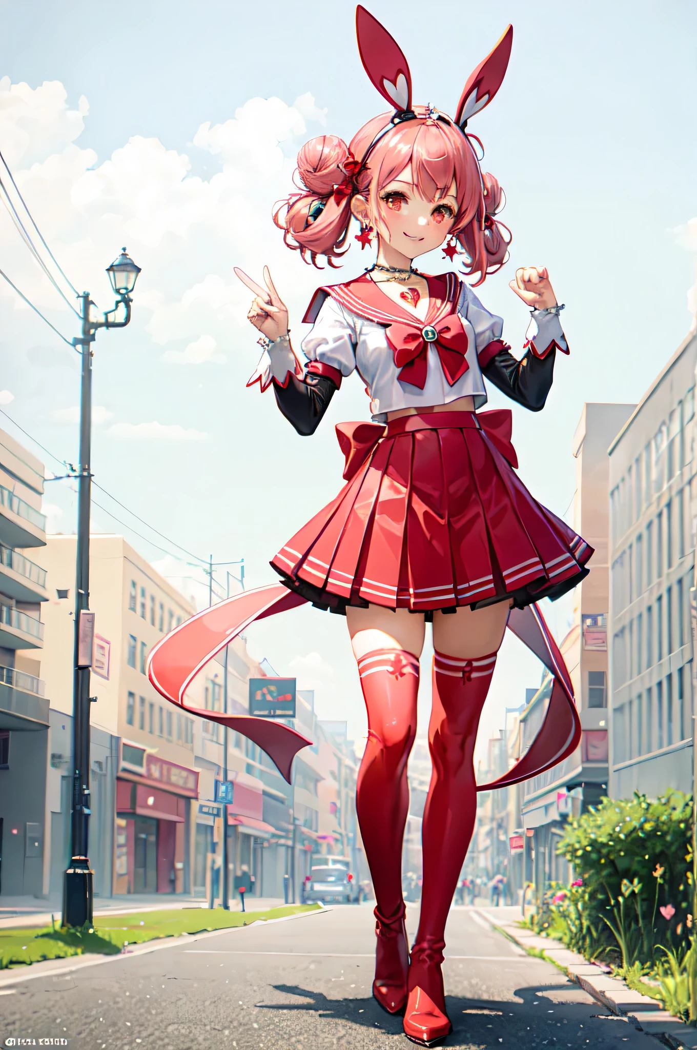 Solitary, outdoor, Smile, posture, hands up, Point to viewer,   1 Girl, Pink Hair, Double tail, cone hair bun, Hammerhead, Red Eyes, earrings, Hair accessories, Headdress, red bow, heart brooch, back bow, bow, brooch, Necklace, elbow gloves, heart Necklace, Magical girl, Colorful clothes, Colorful pleated skirt, Pink sailor collar, Sailor warrior, yellow Necklace, Knee-high boots,   absurd, ultra detailed, masterpiece, best quality, Aesthetic, detailed,Full body shot，Oil the skin