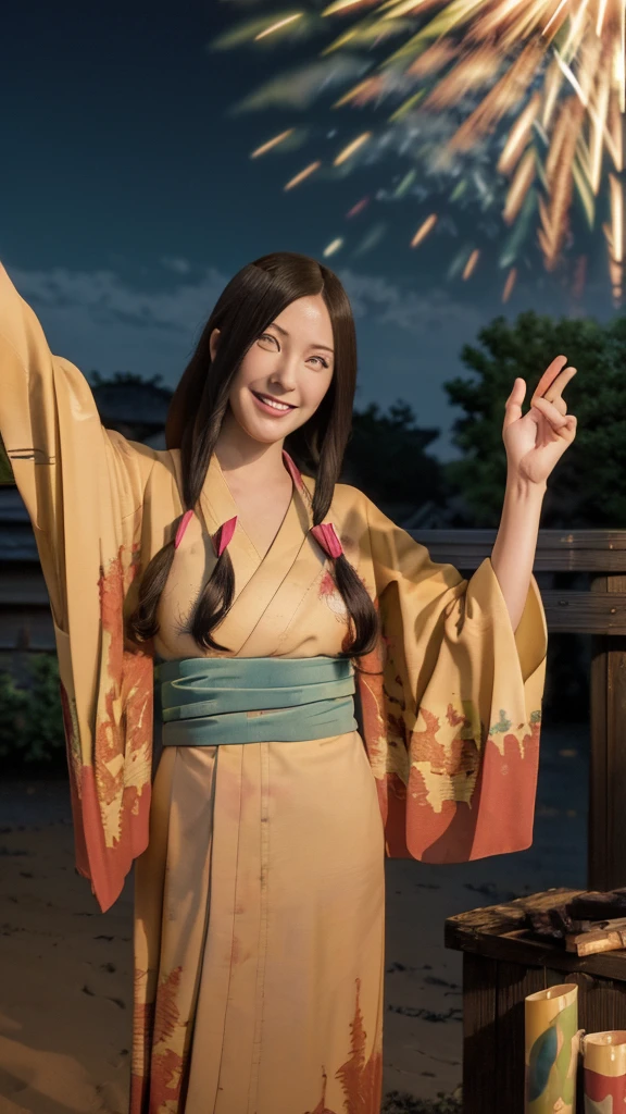 masterpiece, absurd, (intricate details), (colorful), cinematic lighting, boob shot, highly detailed realistic 12k wallpaper, hana, smile, :d, fire print kimono, outdoors, fireworks, fence, obi, hair ribbon, waving, real