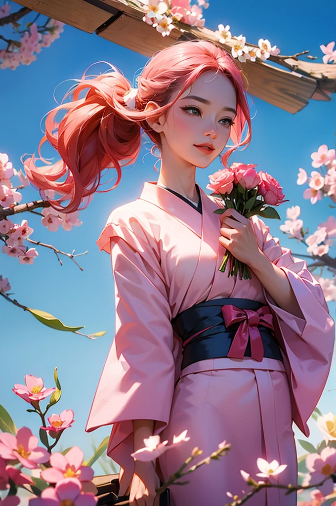 A beautiful woman wearing a pink kimono smiles while holding a bouquet of flowers under a clear blue sky